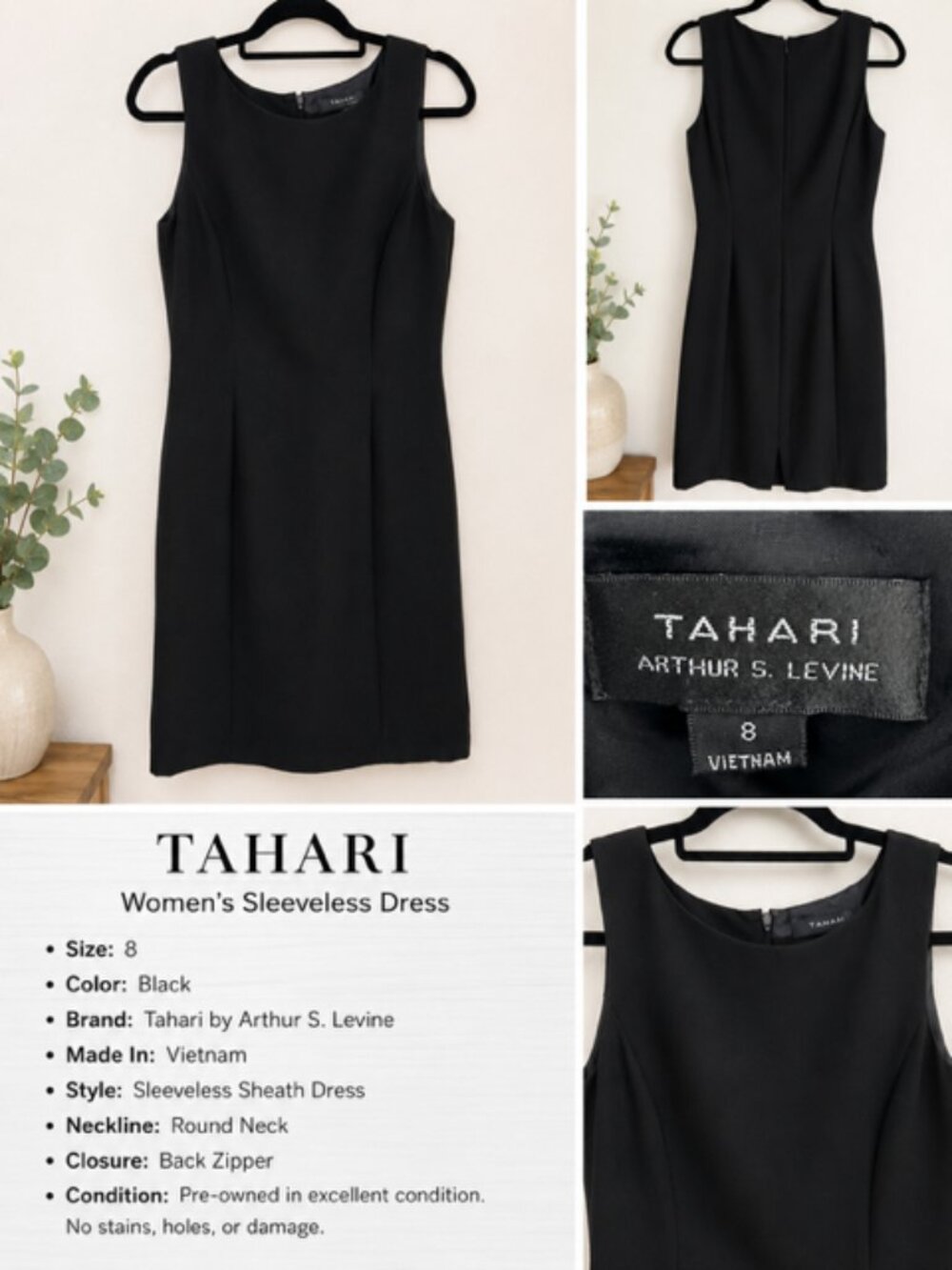 Tahari by Arthur S. Levine Black Sleeveless Sheath Dress – Size 8